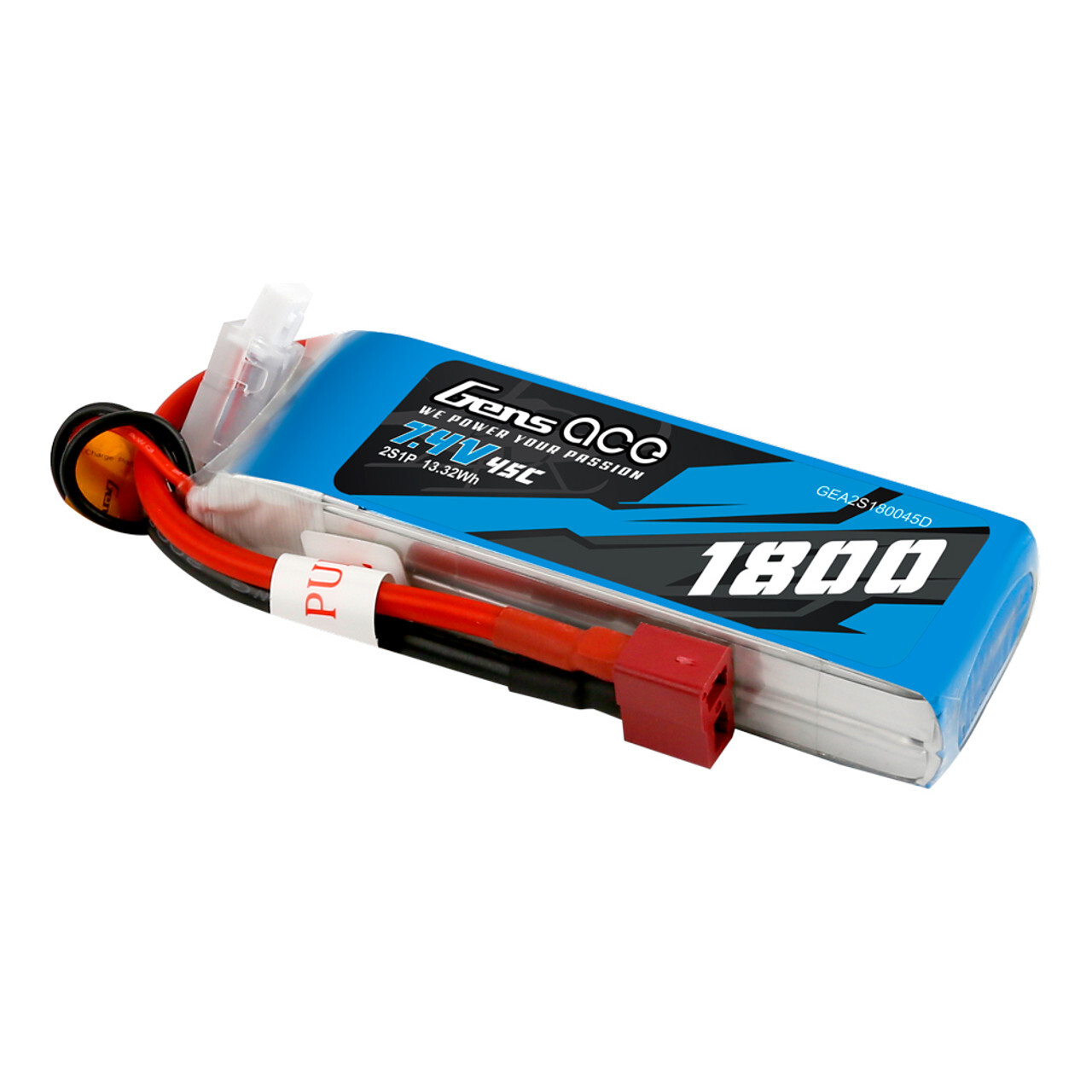 1800mAh 7.4V 45C Gens Ace 2S  Soft Case LiPo Battery (Deans)