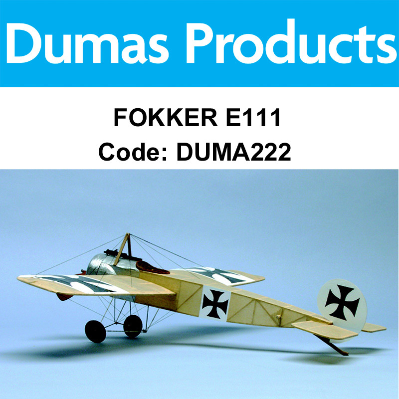DUMAS 222 FOKKER E111 WALNUT SCALE 17.5 INCH WINGSPAN RUBBER POW
