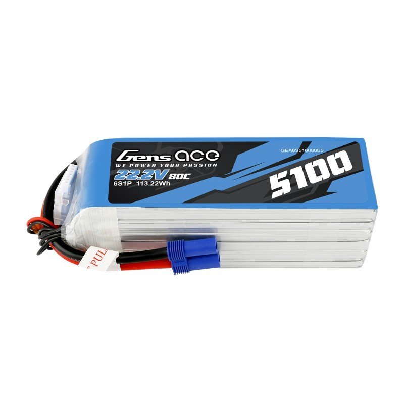 5100mAh 22.2V Gens Ace 6S 80C Soft Case LiPo Battery (EC5)